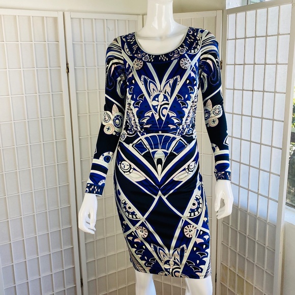 EMILIO PUCCI, Silk Print Ruched Knee-Length Dress, 8.